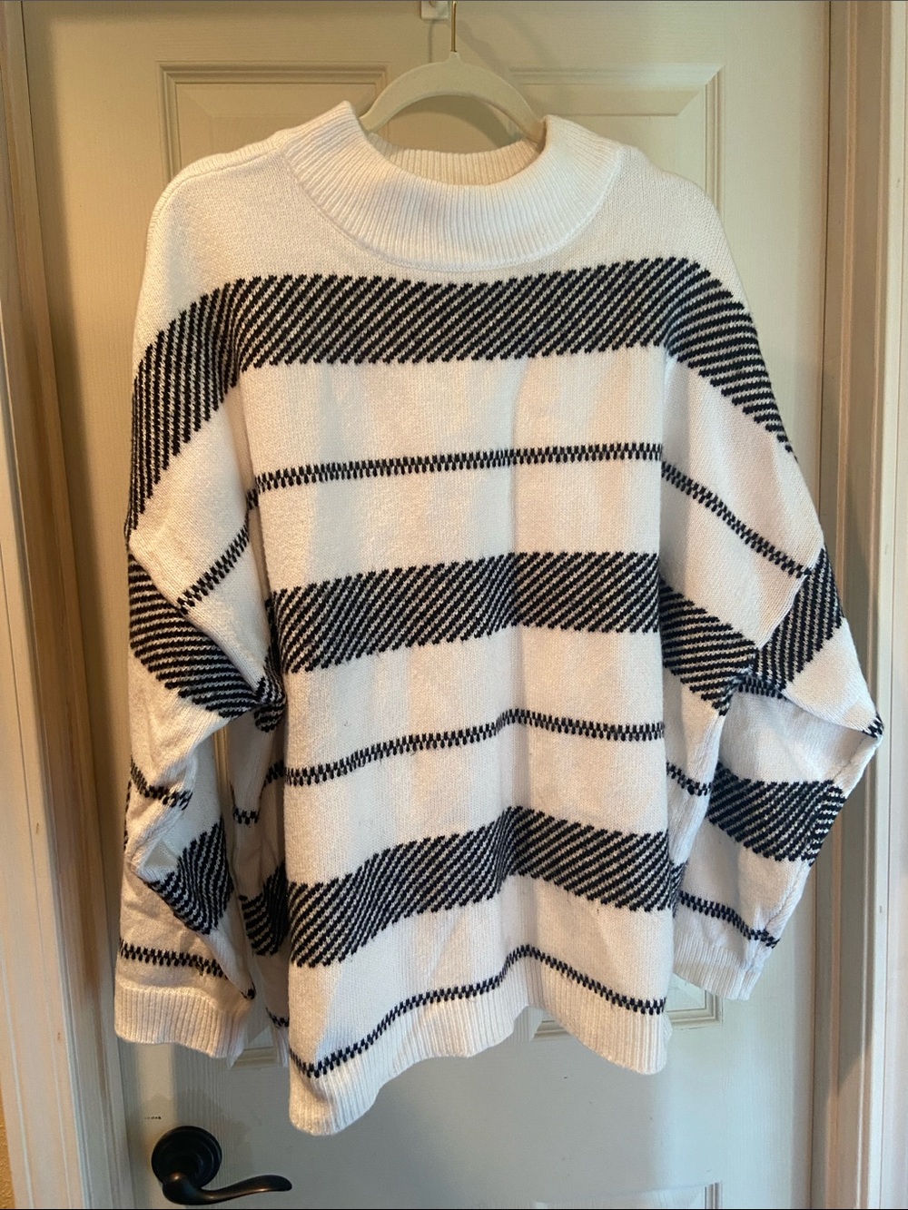 Liz Claiborne White and Black Striped Cowl Neck Sweater